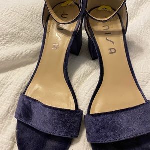 Blue Velvet Ankle Strap Heeled Sandals
